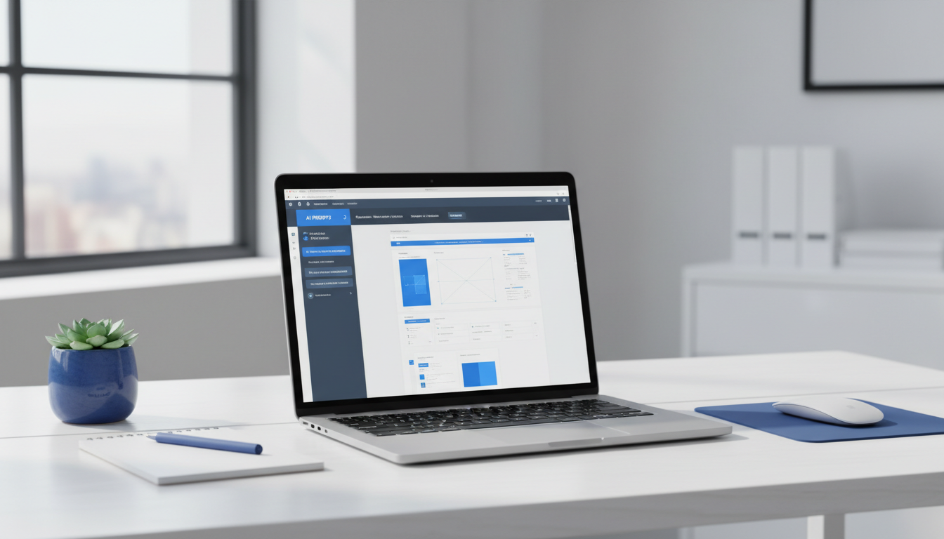 Espacio de trabajo profesional con laptop mostrando diseño web y prompts de inteligencia artificial para marketing digital