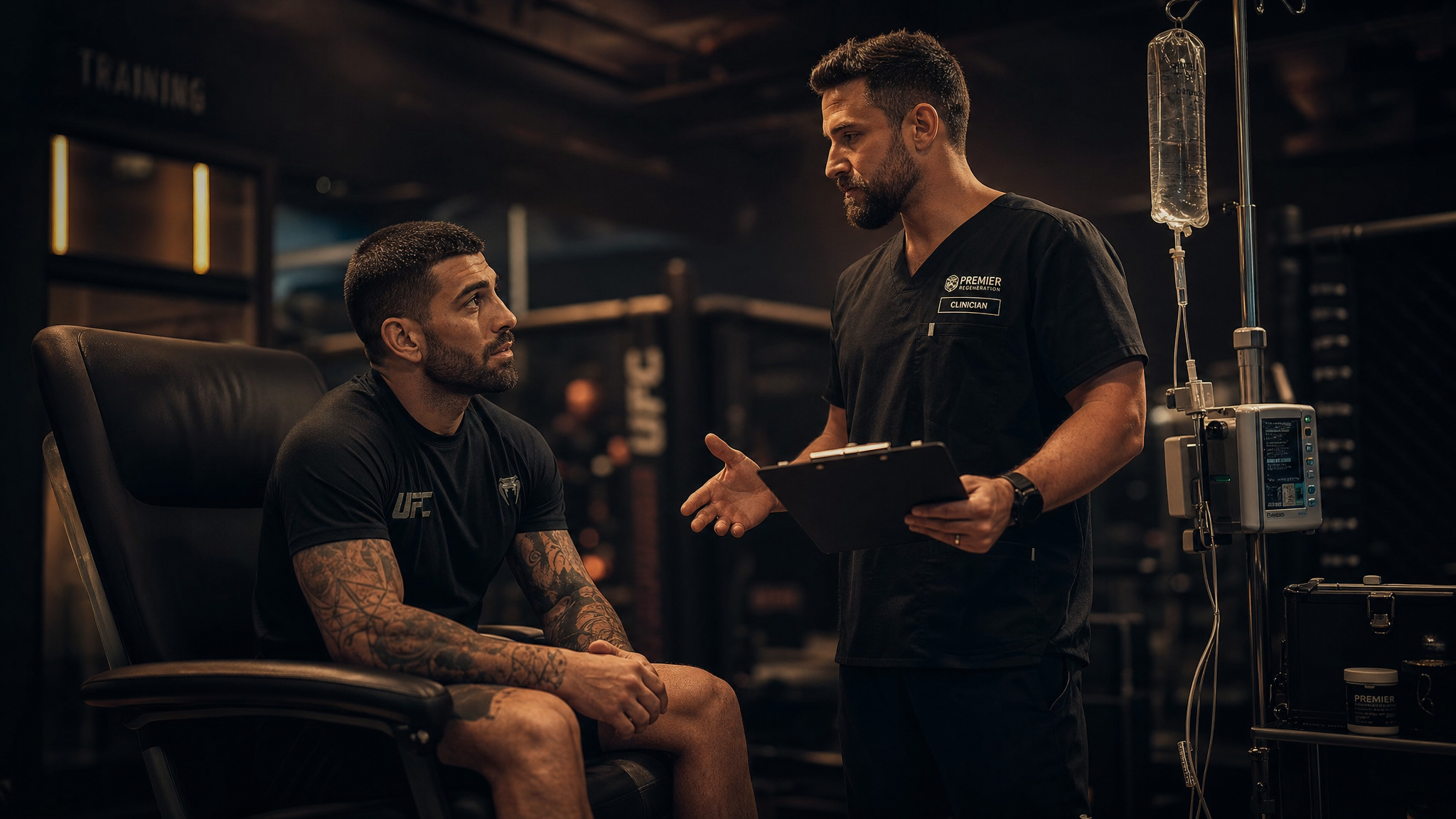Clinician consulting with fighter