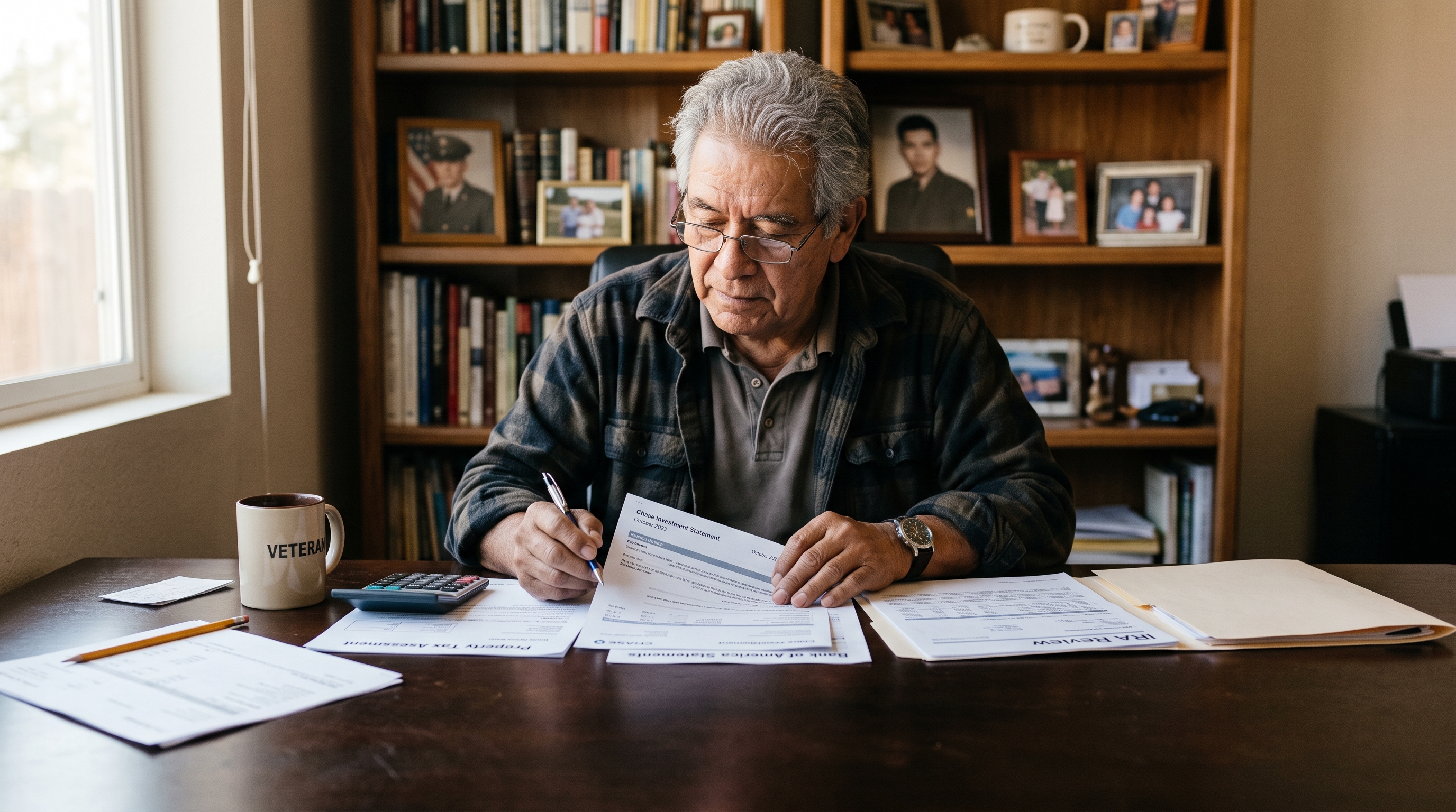 Older veteran reviewing bank and property statements in a home office