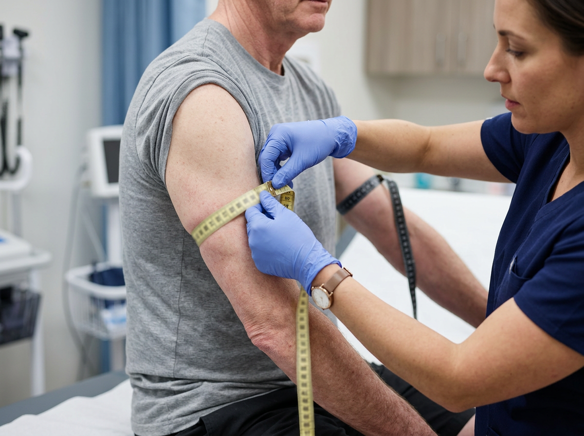 Close-up of measuring tape around a veteran upper arm documenting muscle atrophy for limb circumference comparison