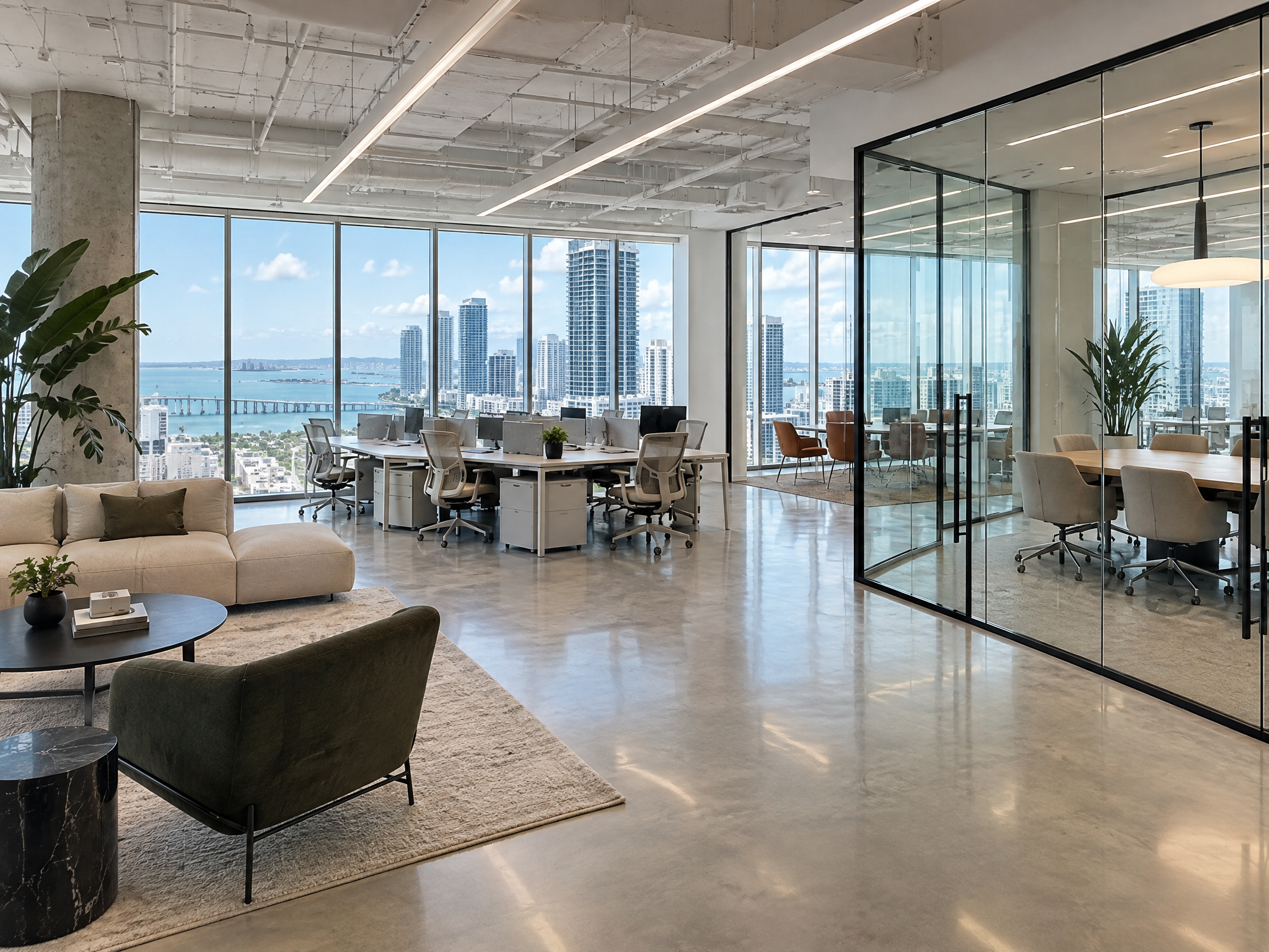 Modern open-plan commercial office build-out in Brickell, Miami