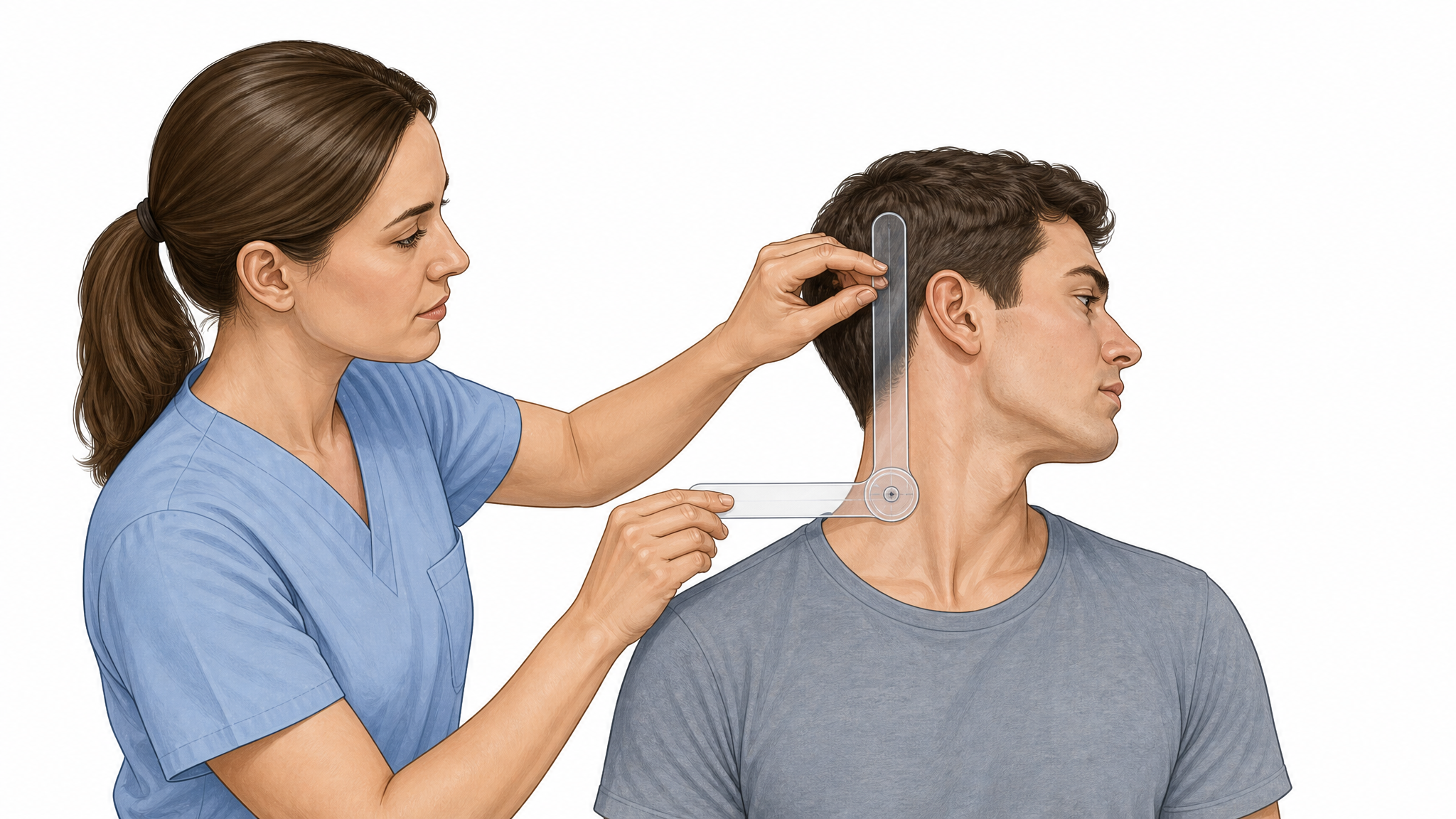 A clean medical illustration of a clinician holding a goniometer against the neck of a seated patient rotating the head