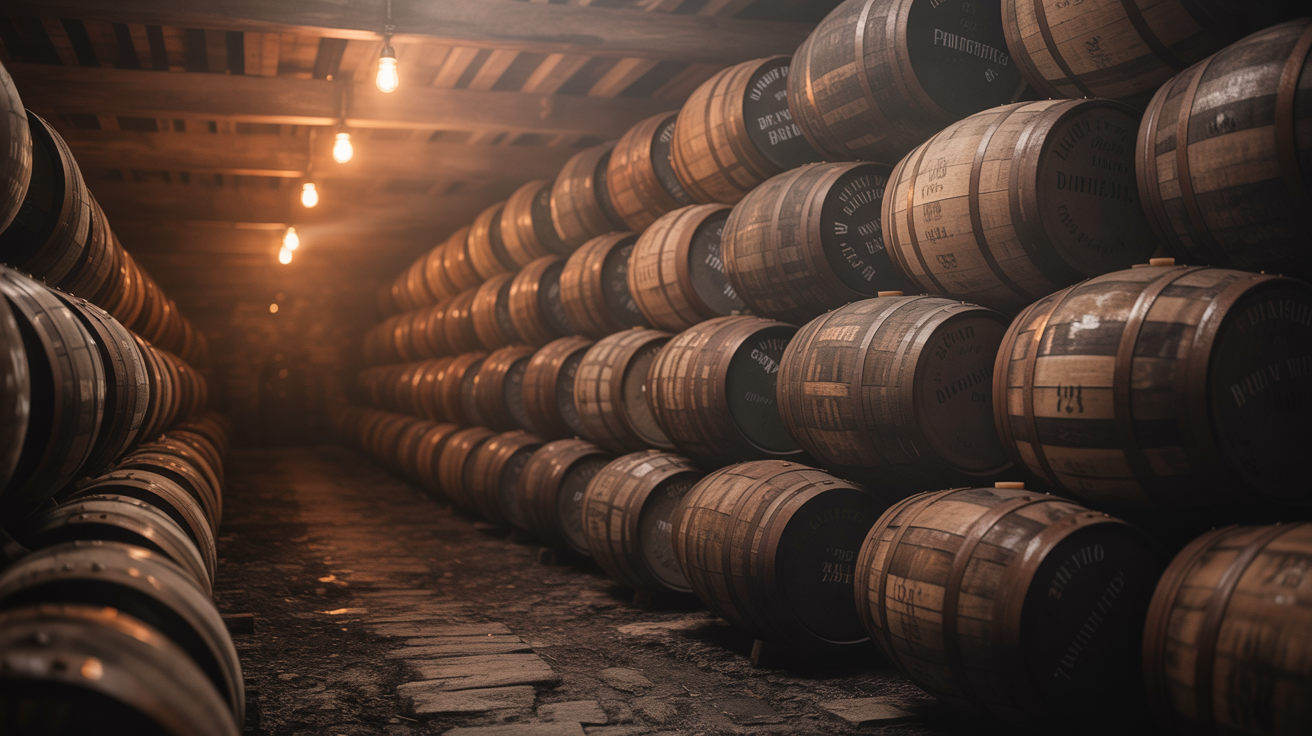 Whiskey barrels in a distillery cellar