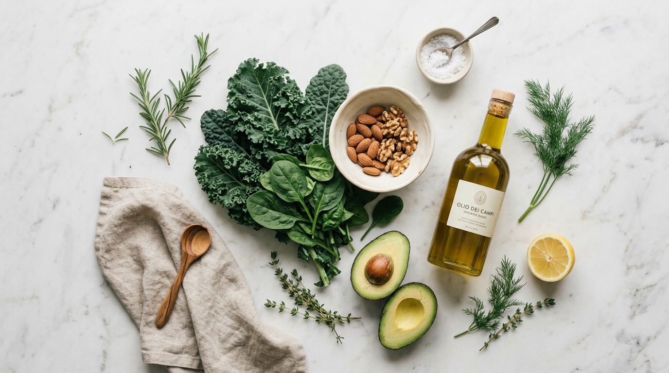 An overhead flat-lay of fresh wholesome ingredients on pale marble including leafy greens, nuts, avocado and olive oil in soft natural light