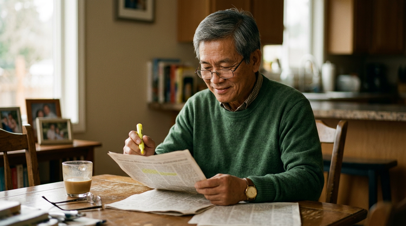 A veteran highlighting a printout at his dining table with a hopeful look