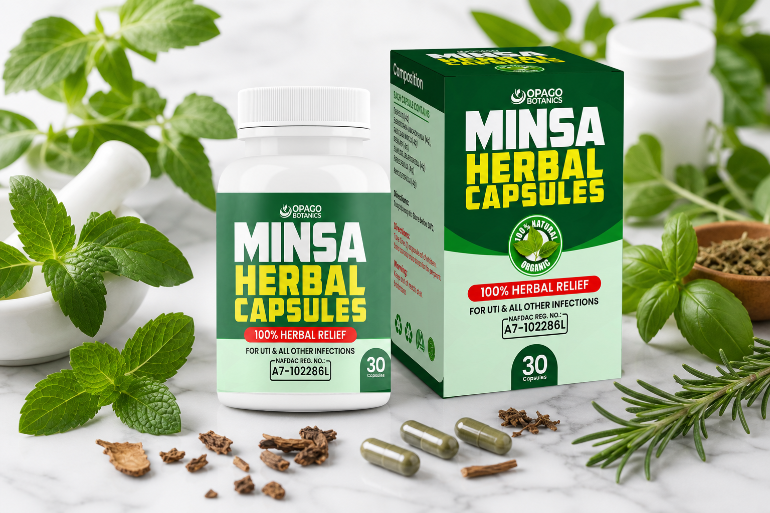 Minsa Herbal Capsules bottle and box by Opago Botanics