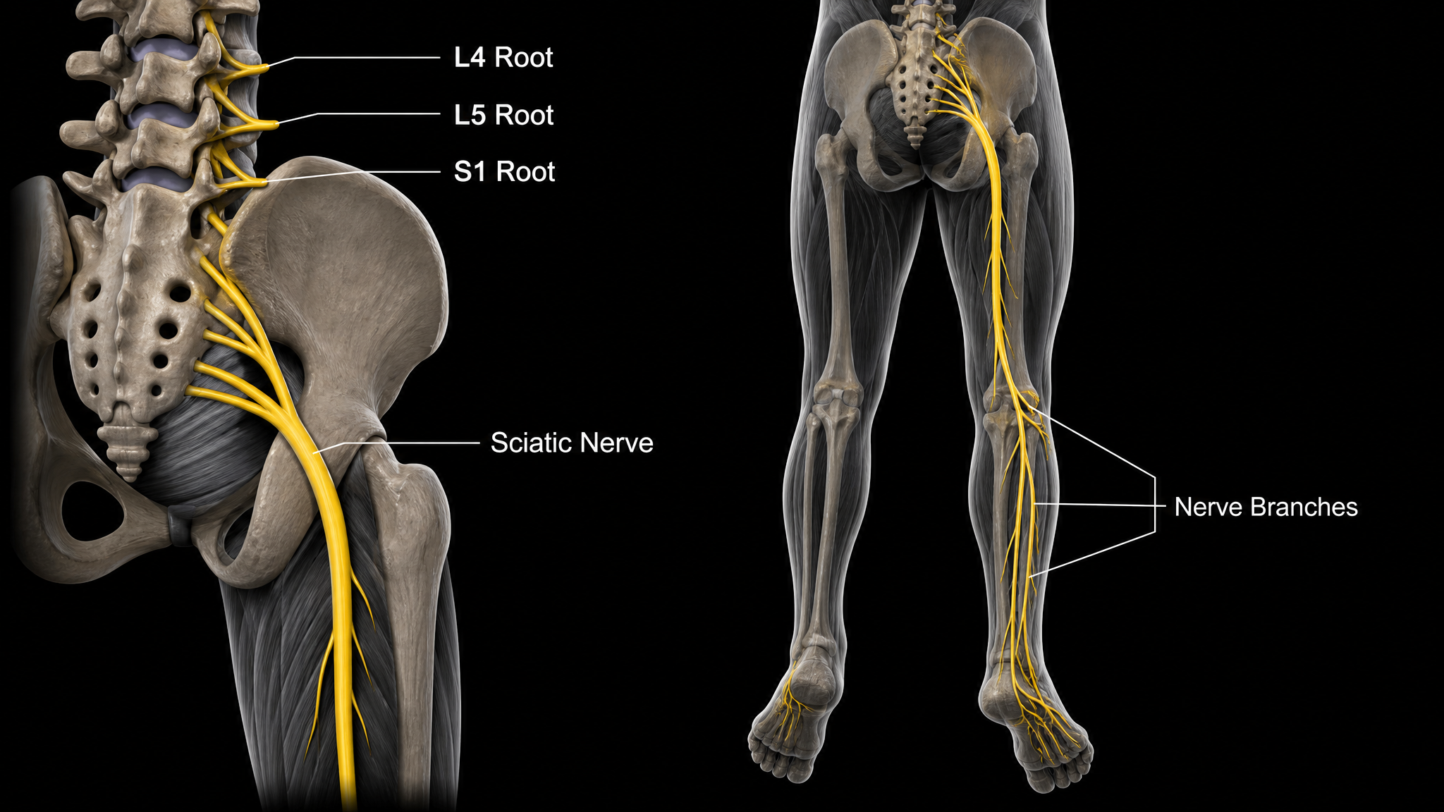 Illustration of the sciatic nerve pathway from the L4, L5 and S1 nerve roots through the buttock and down the back of the leg to the foot