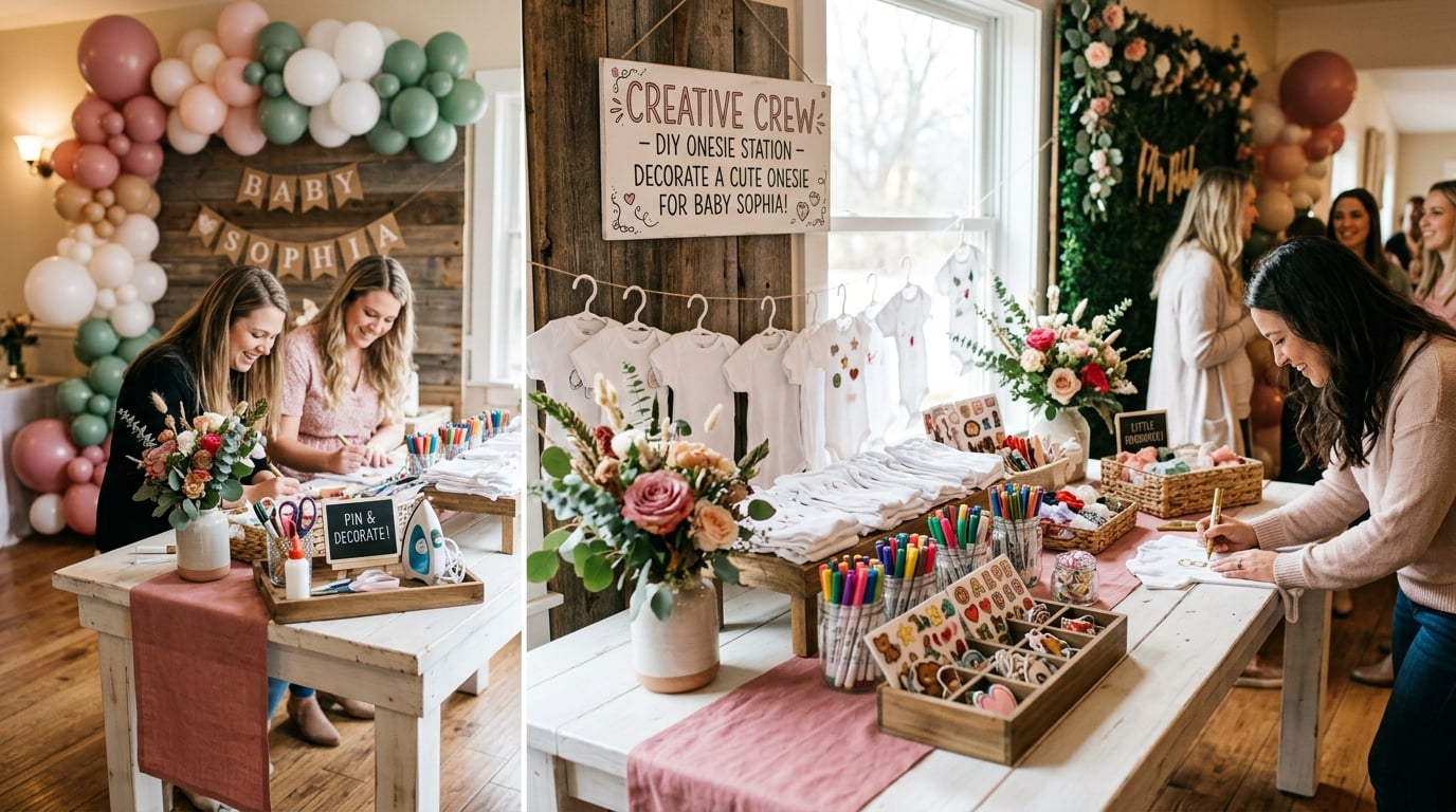 Baby onesie decorating bar at a shower event