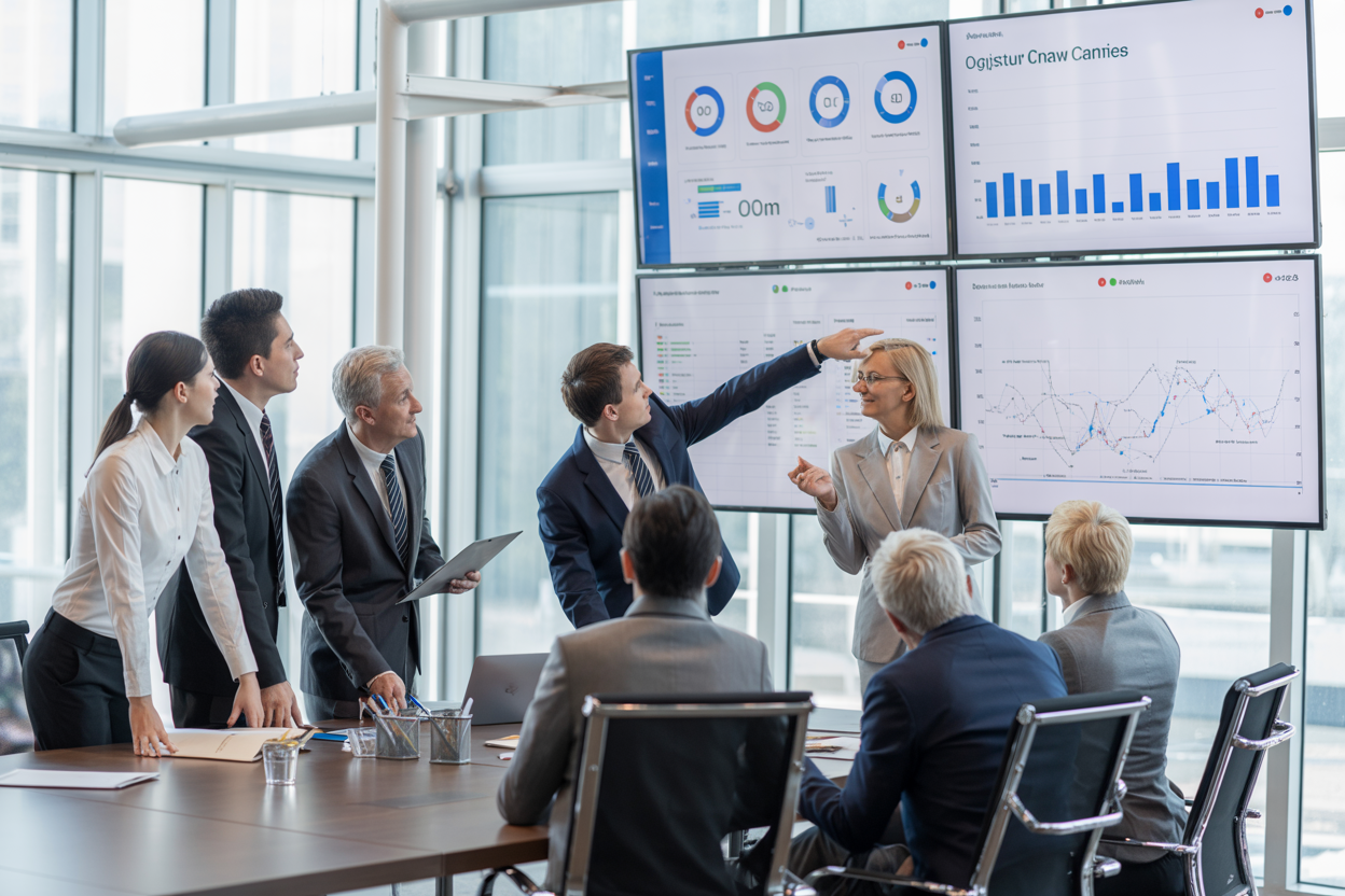 SupplySourceSync leadership team discussing strategy with supply chain analytics