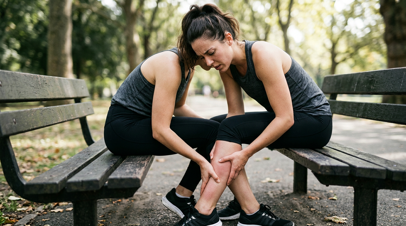 Photograph of a person in workout clothes on a bench rubbing a swollen lower shin after activity