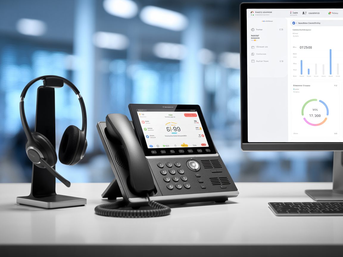 Modern unified communications workstation with IP phone, headset, and collaboration dashboard
