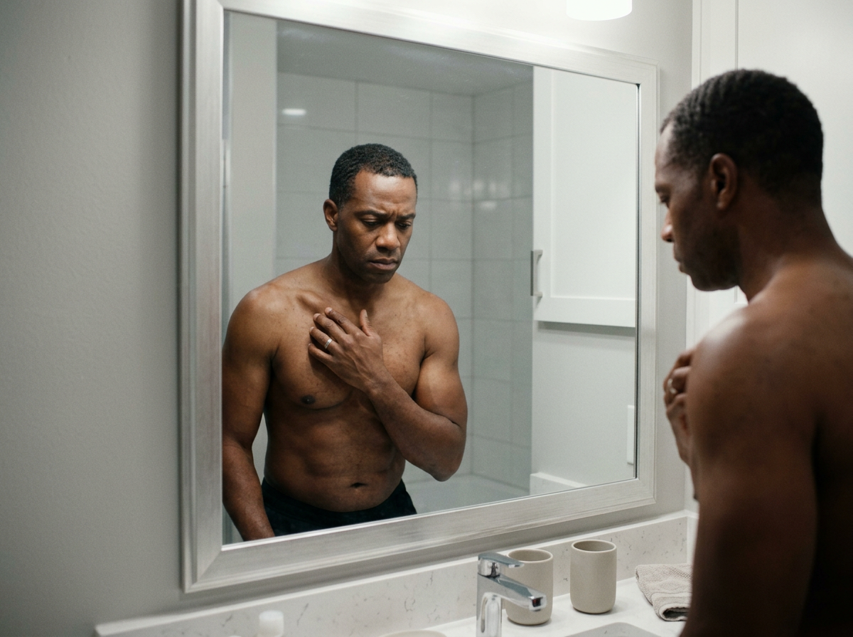 A Black man veteran standing before a mirror, examining the visible bump and deformity on his collarbone from a malunion fracture