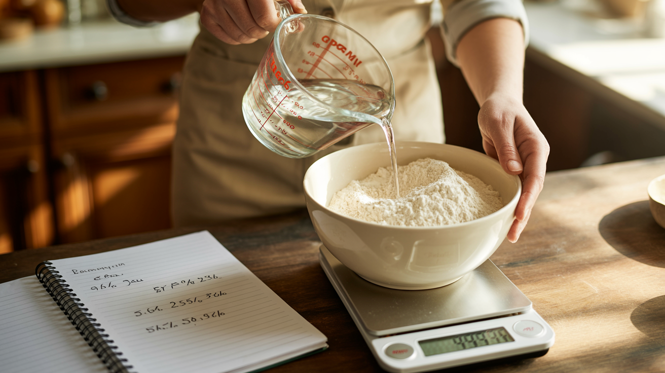 Baker pouring water into flour on a kitchen scale with percentage calculations notebook