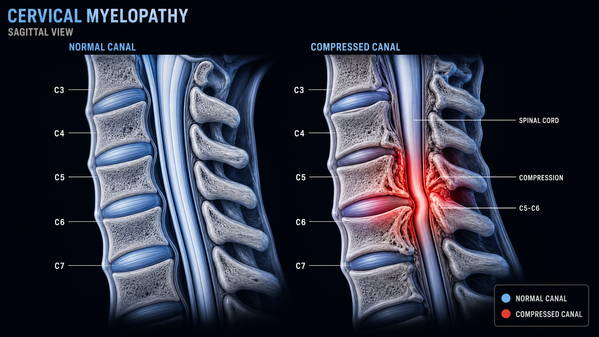 Sagittal cervical spine diagram showing spinal cord compression