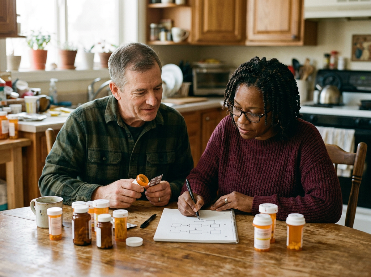 Veteran couple mapping a chain of secondary conditions at the kitchen table