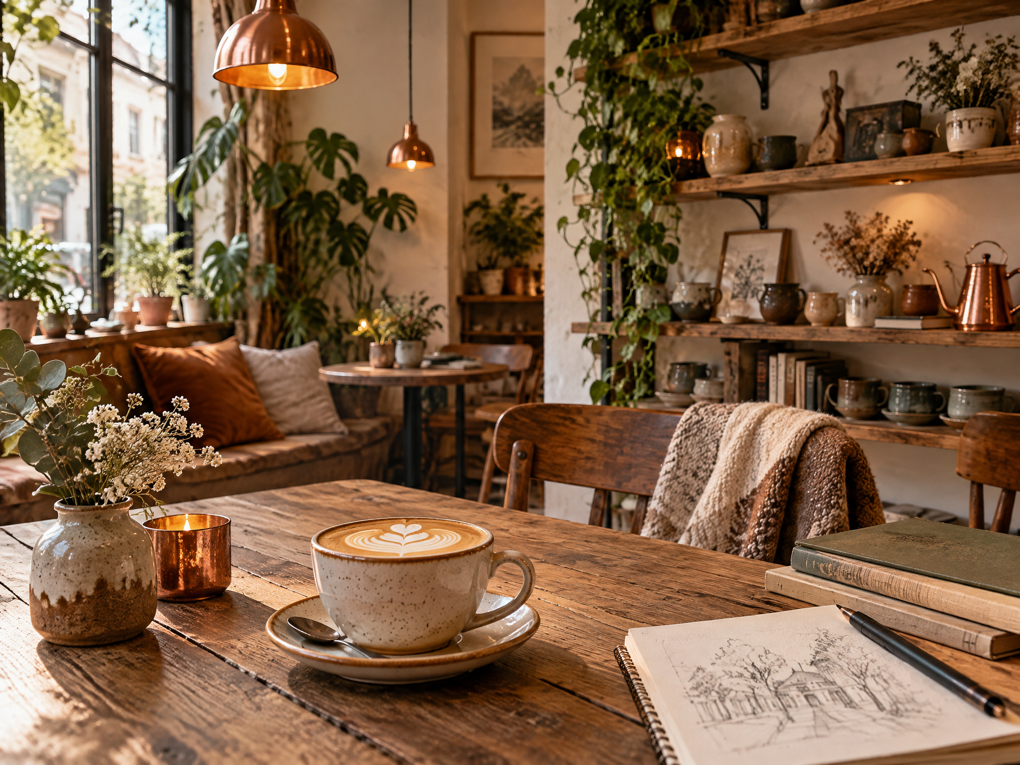 STOA Kafe - sıcak aydınlatmalı kahve köşesi, kitaplar ve yaratıcı atmosfer
