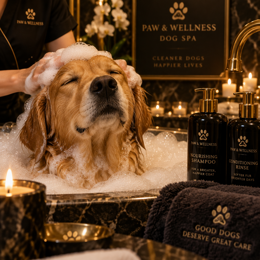 Luxury dog spa bath scene with bubbles and warm lighting