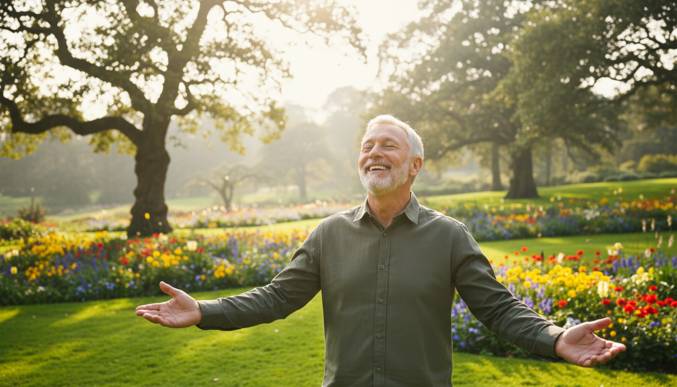 Man breathing freely outdoors after lung support