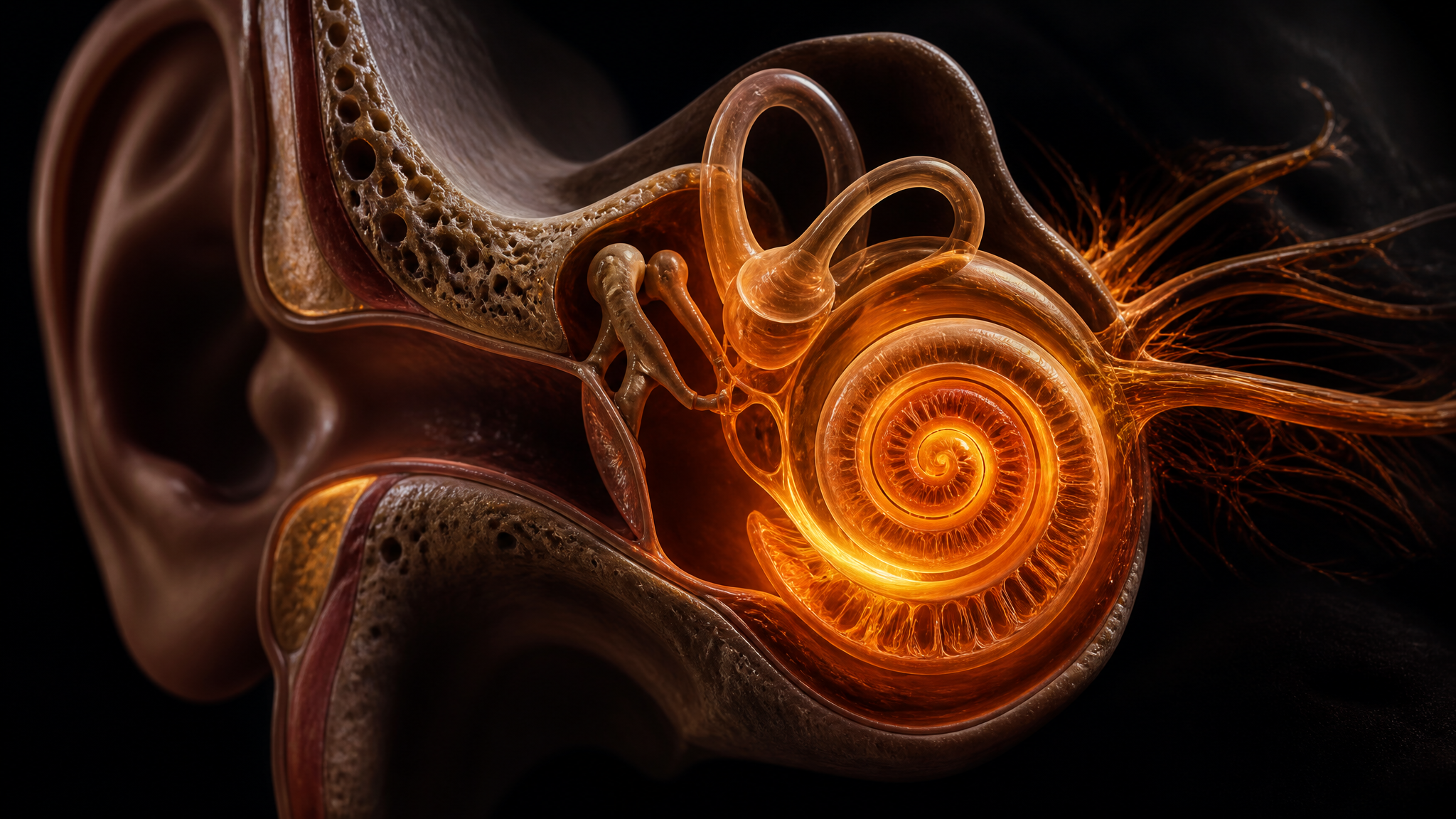 Three-dimensional anatomical render of the inner ear and cochlea in a dark cinematic setting, with no labels or markings