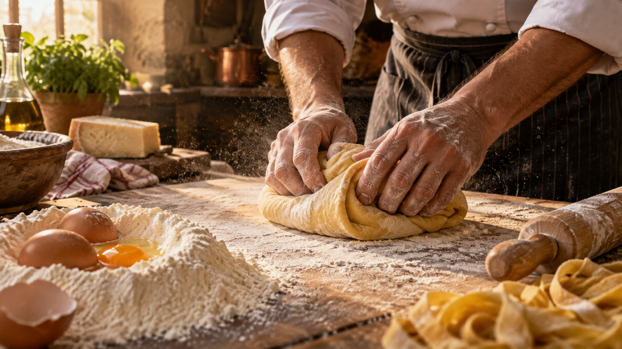 Chef making fresh pasta by hand