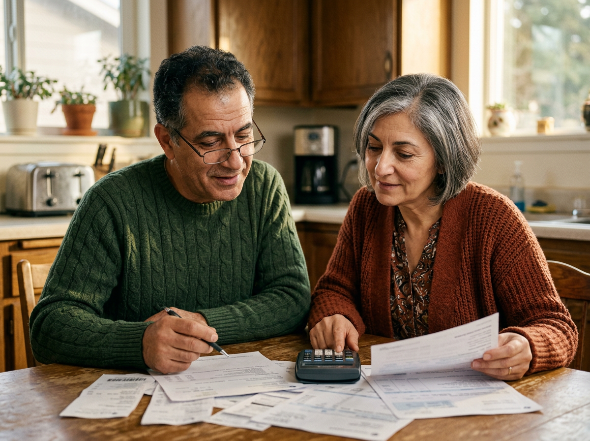 Veteran and his wife at a kitchen table reviewing household bills and medical receipts with a calculator
