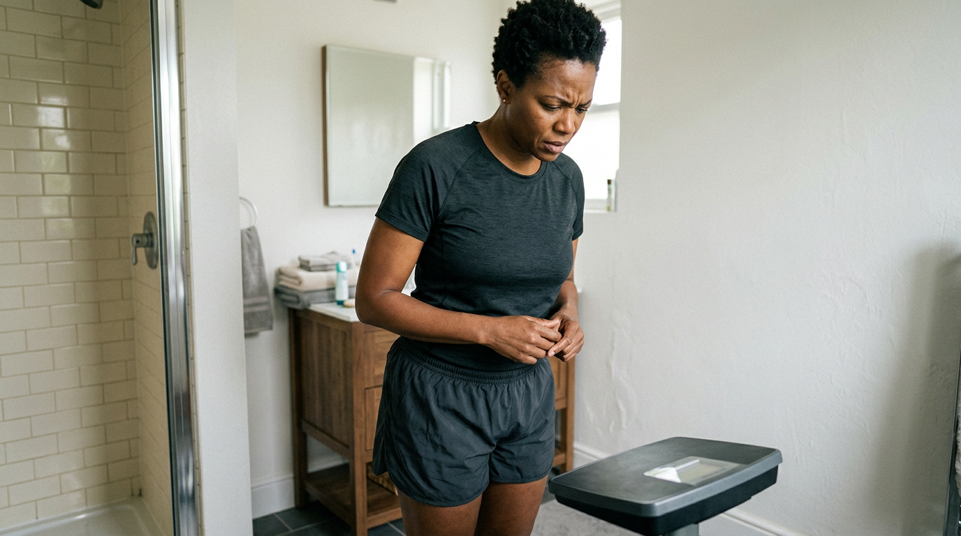 A Black woman veteran standing in a bathroom near a scale, looking concerned about the weight gain that has accompanied her sleep apnea diagnosis