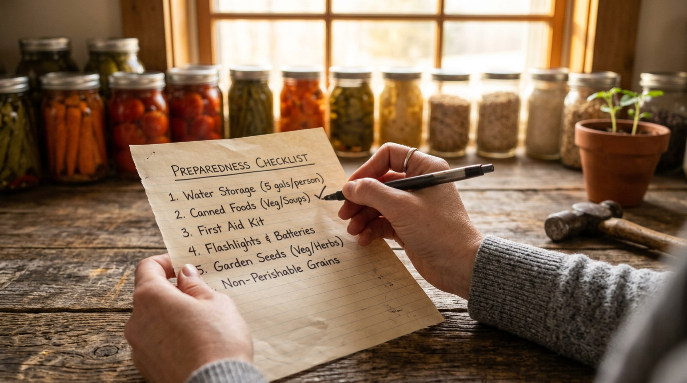 Hands checking off a handwritten preparedness checklist beside jars of stored food and a seedling in warm morning light