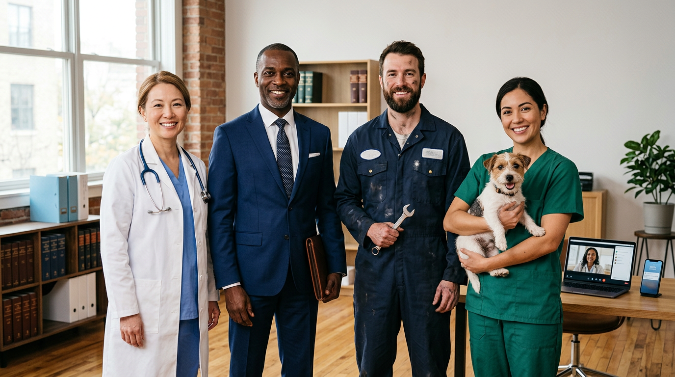 Verified professionals available online: doctor, lawyer, mechanic and veterinarian
