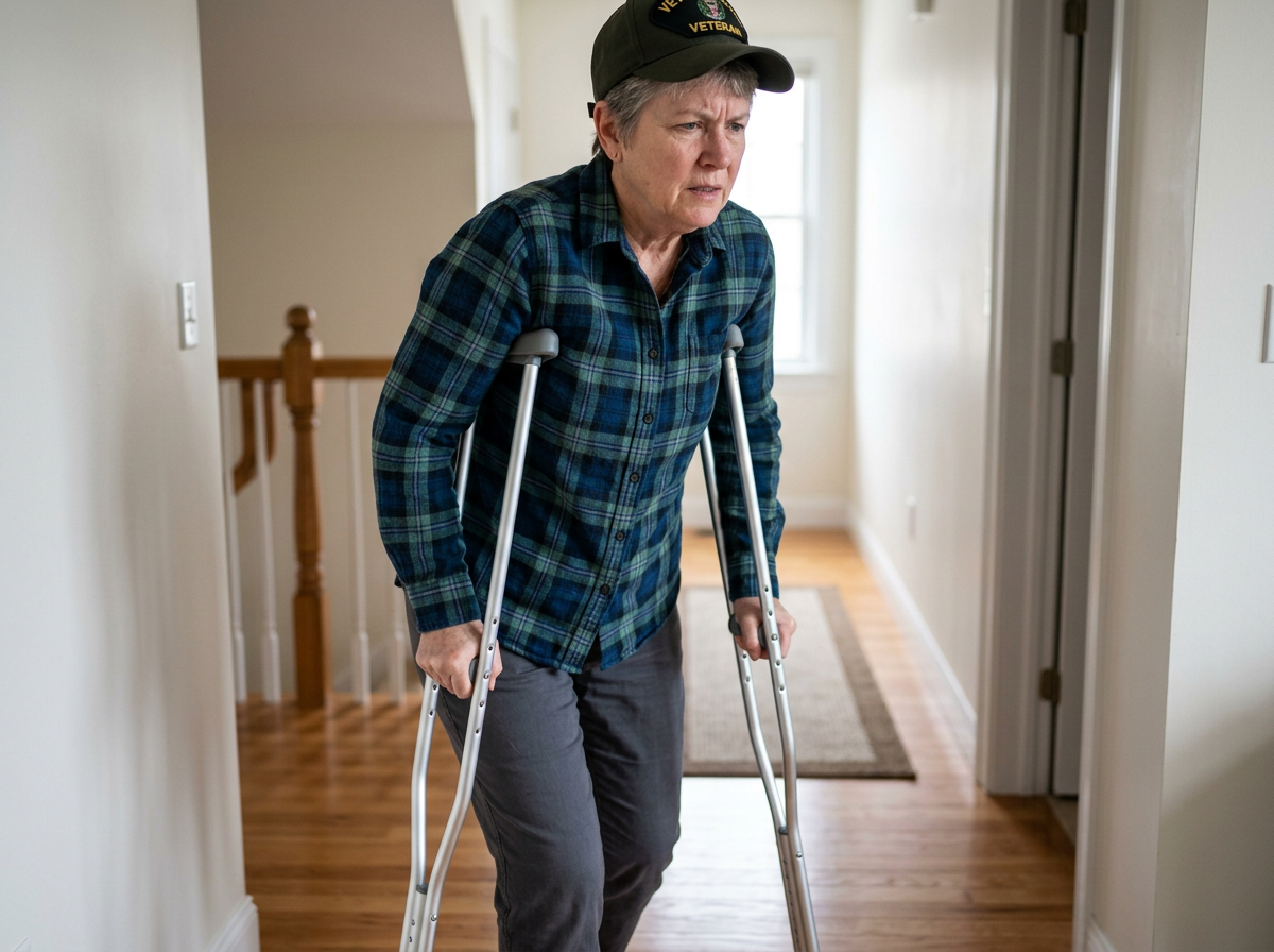 White female veteran with forearm crutches showing multiple functional limitations across limbs