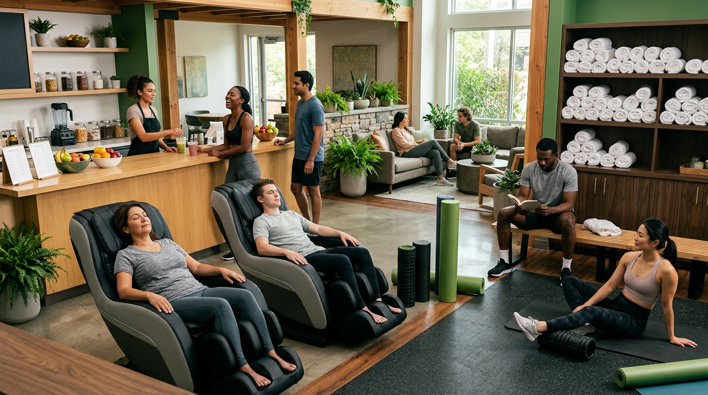 Gym wellness lounge with smoothie bar, towels and recovery area