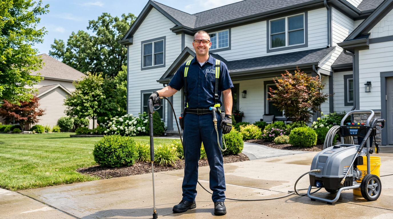 Perez Power Wash professional pressure washing team member with equipment