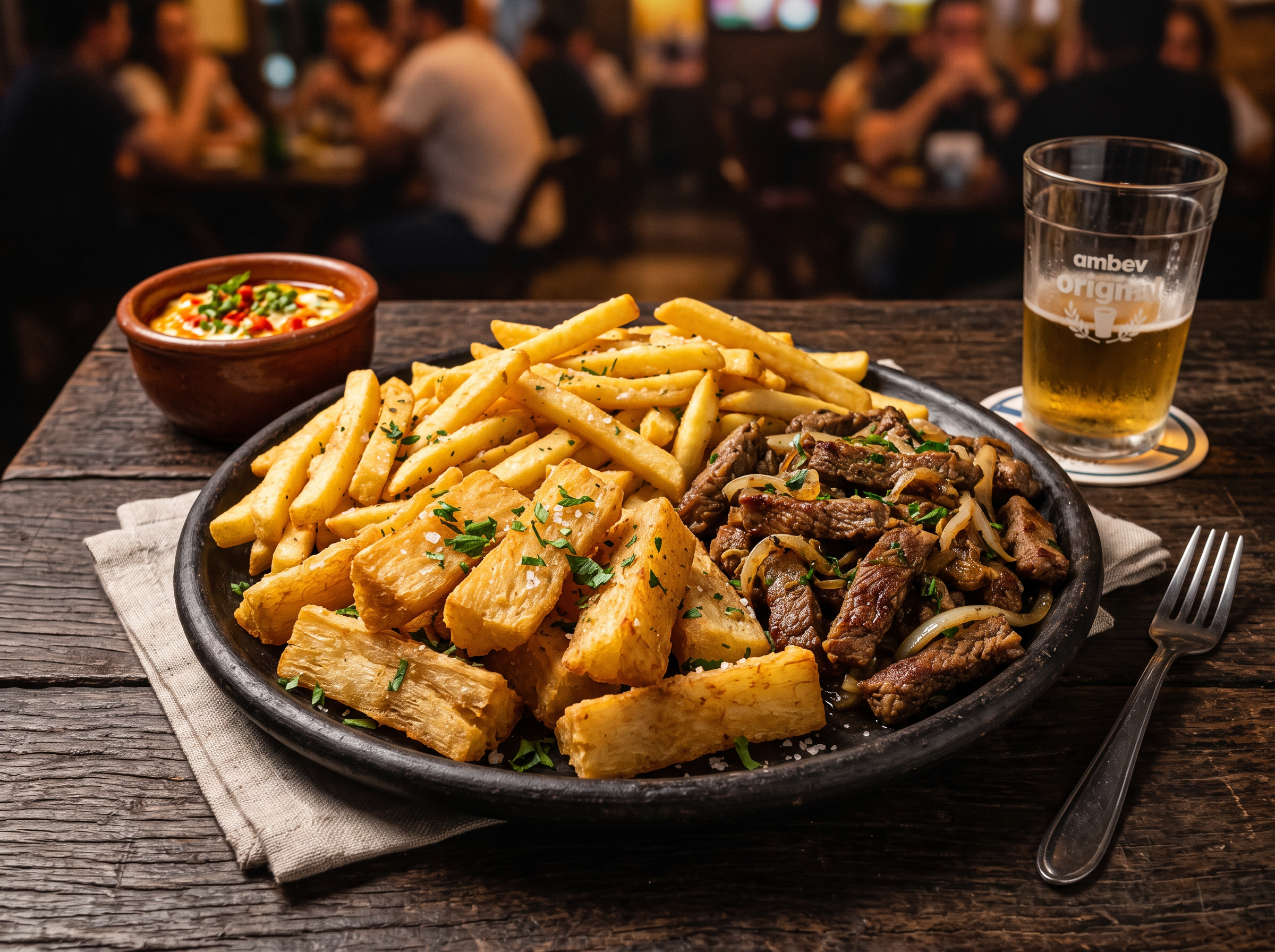 Porção de batata frita, macaxeira e iscas de carne