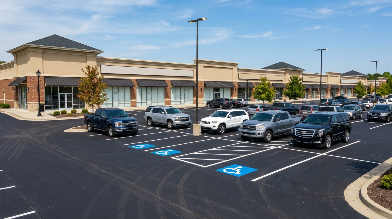 Newly paved and striped shopping plaza parking lot in New Jersey