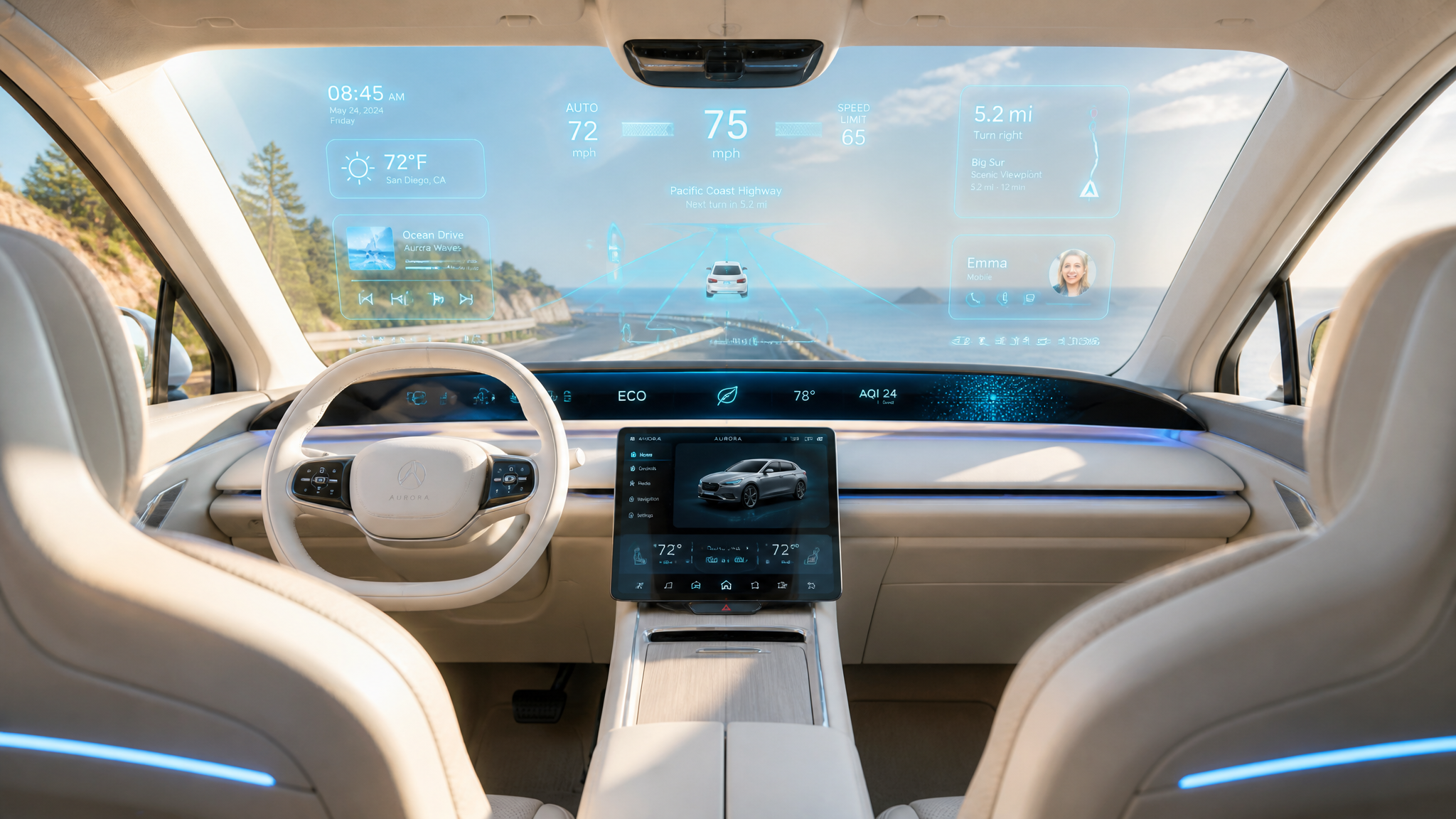Bright futuristic vehicle cabin with a transparent augmented-reality display overlaid on the windshield