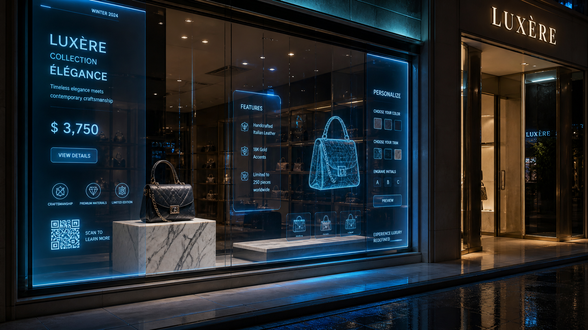 Luxury retail storefront with transparent OLED display windows showing product information