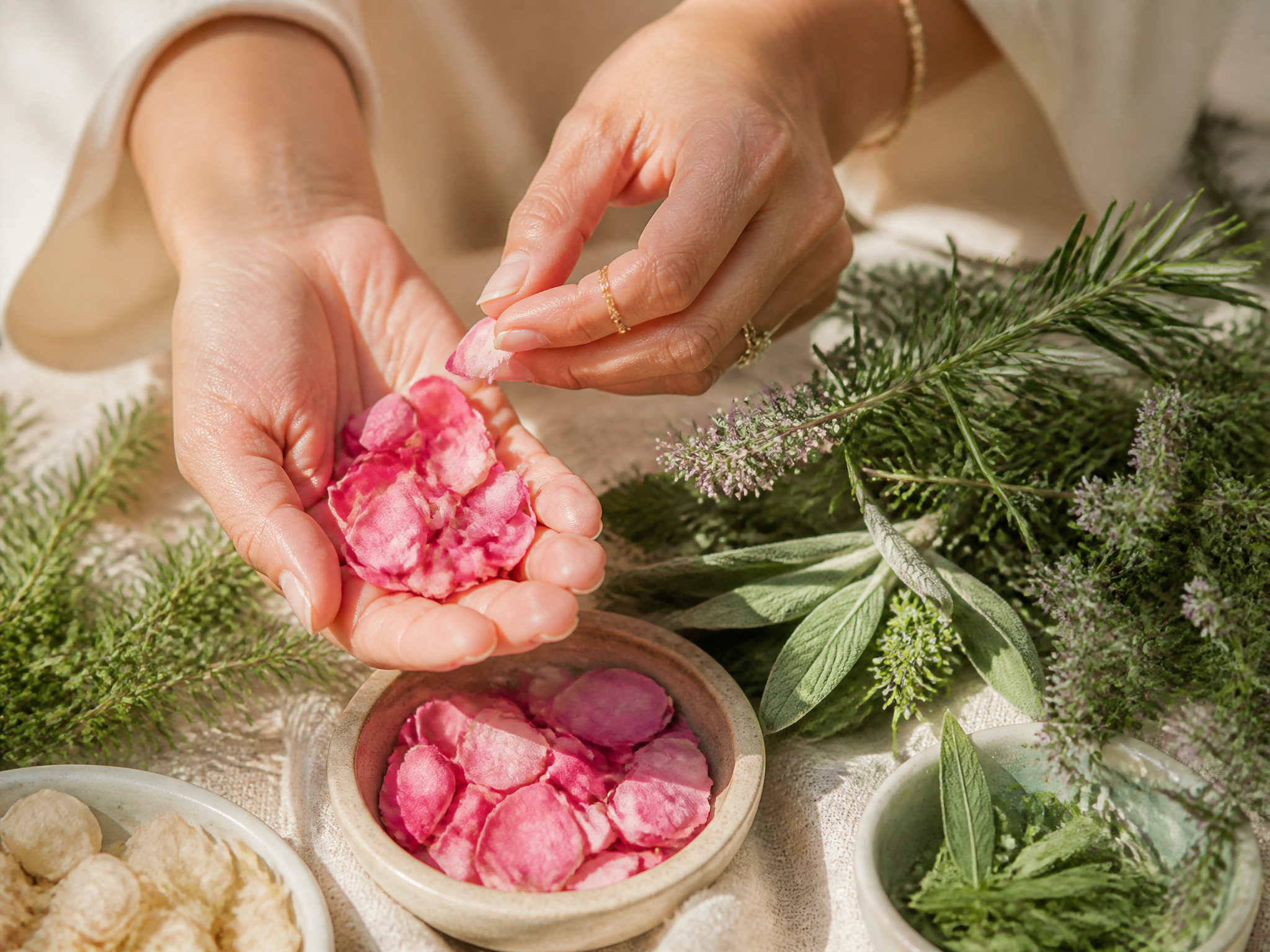 Hands selecting fresh rose petals and aromatic herbs for sensory evaluation