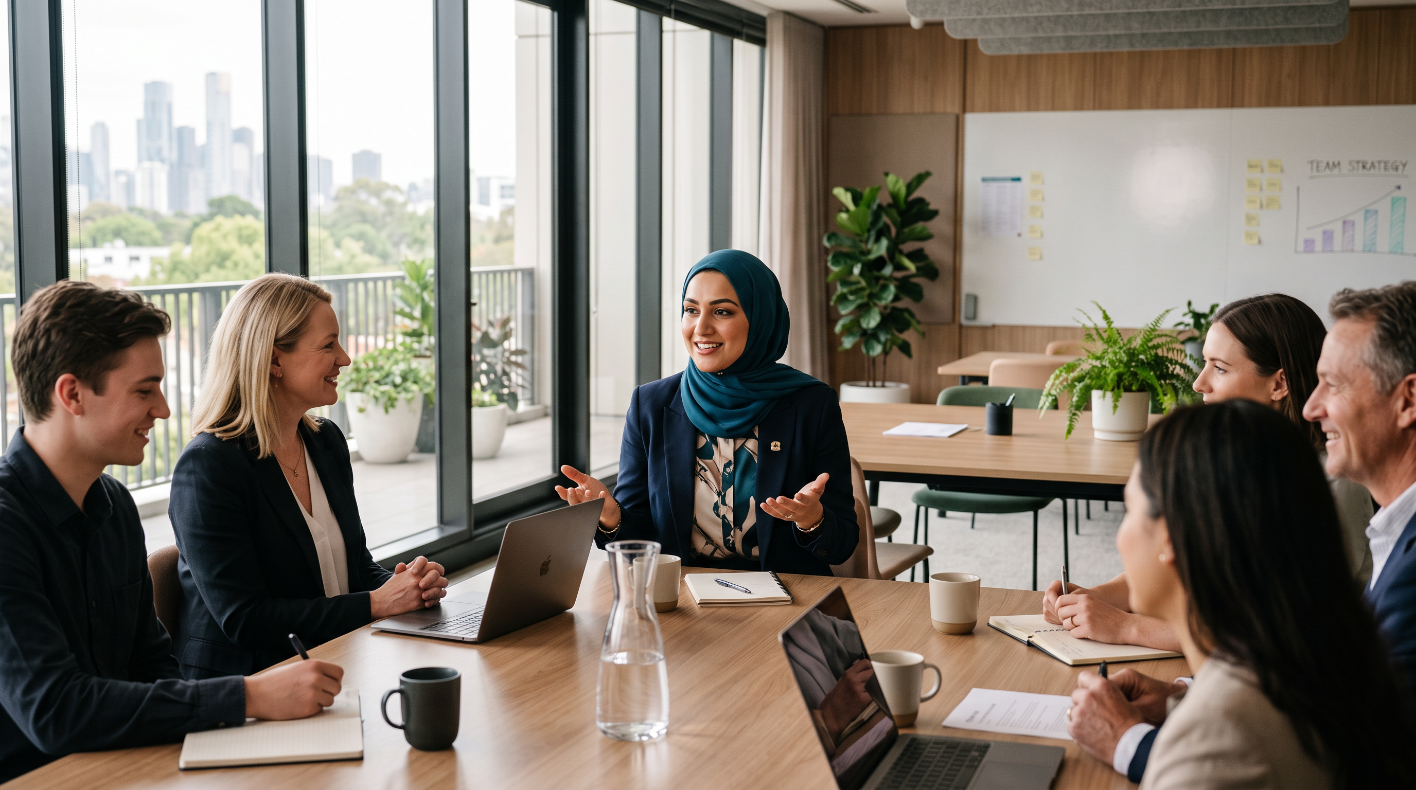 An Arabic-background professional woman leading a discussion at a modern Australian workplace