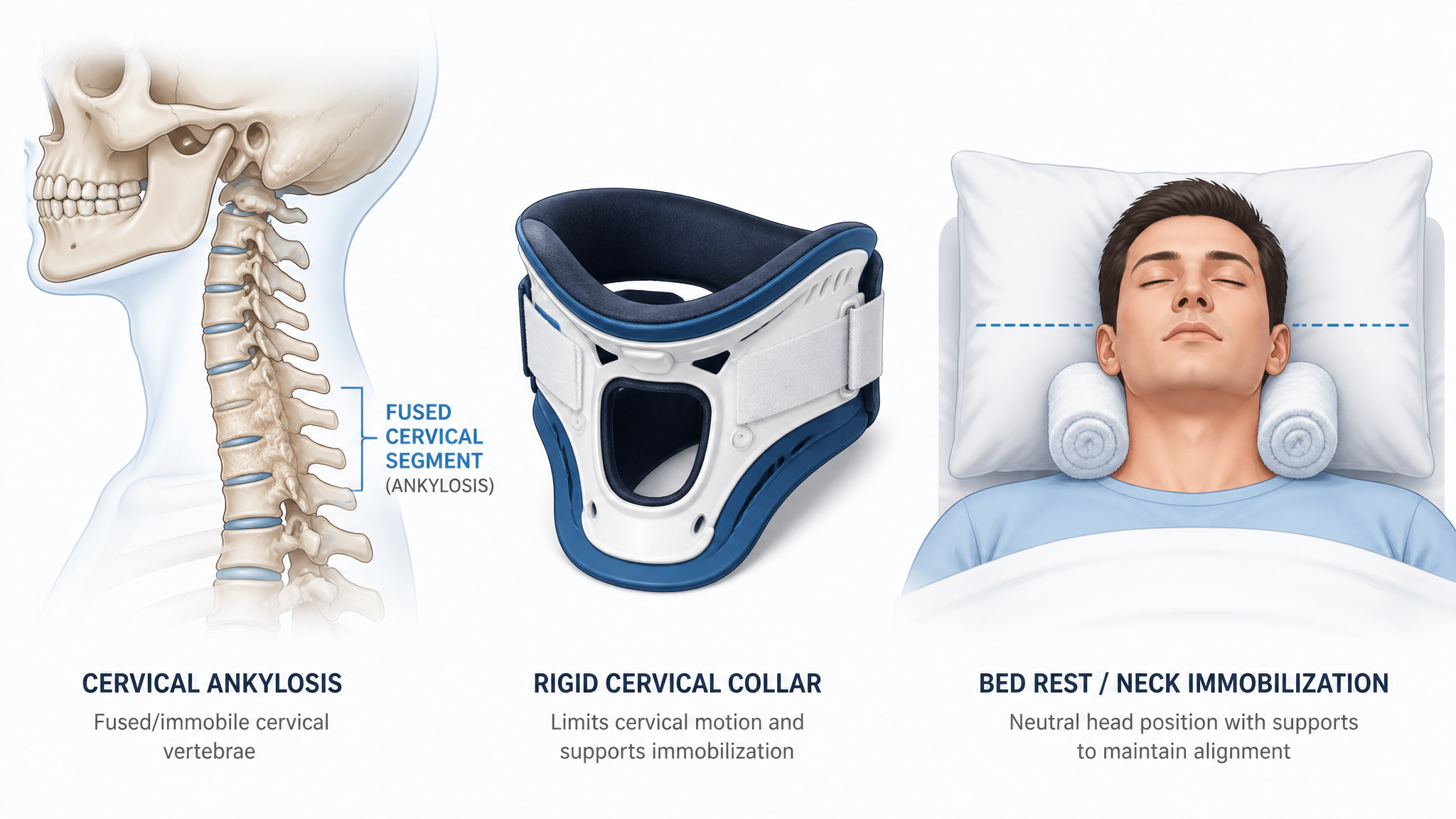 Fused spine segment, a rigid back brace, and a bed-rest motif representing prescribed immobilization