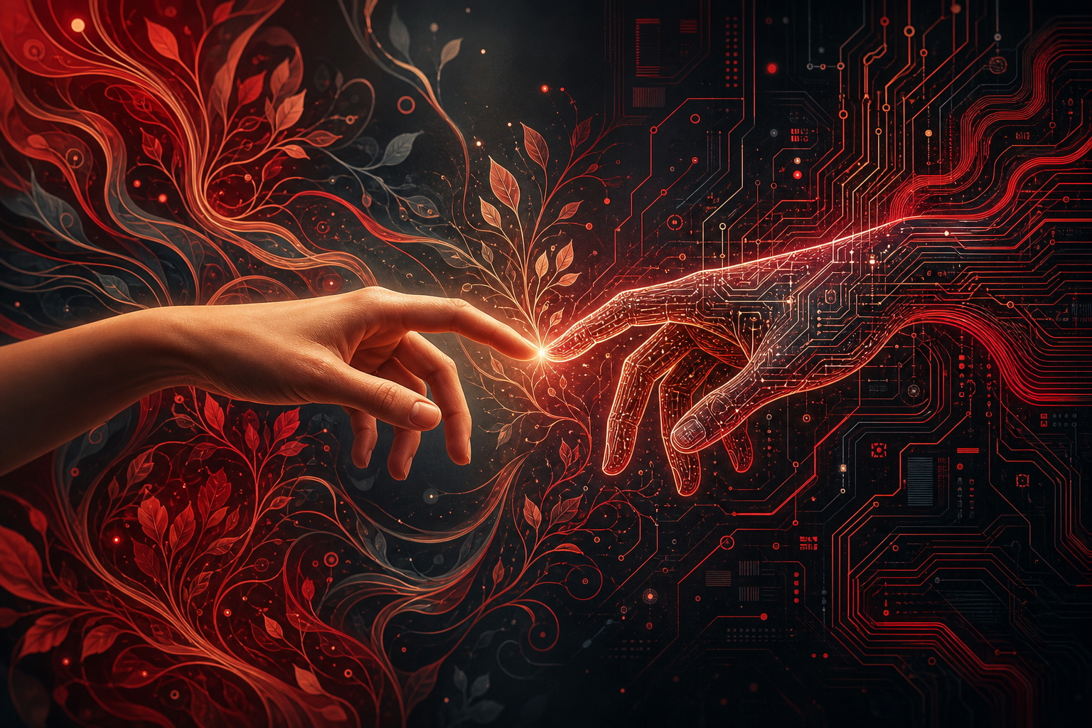 Human hand merging with digital circuit patterns representing human-AI collaboration