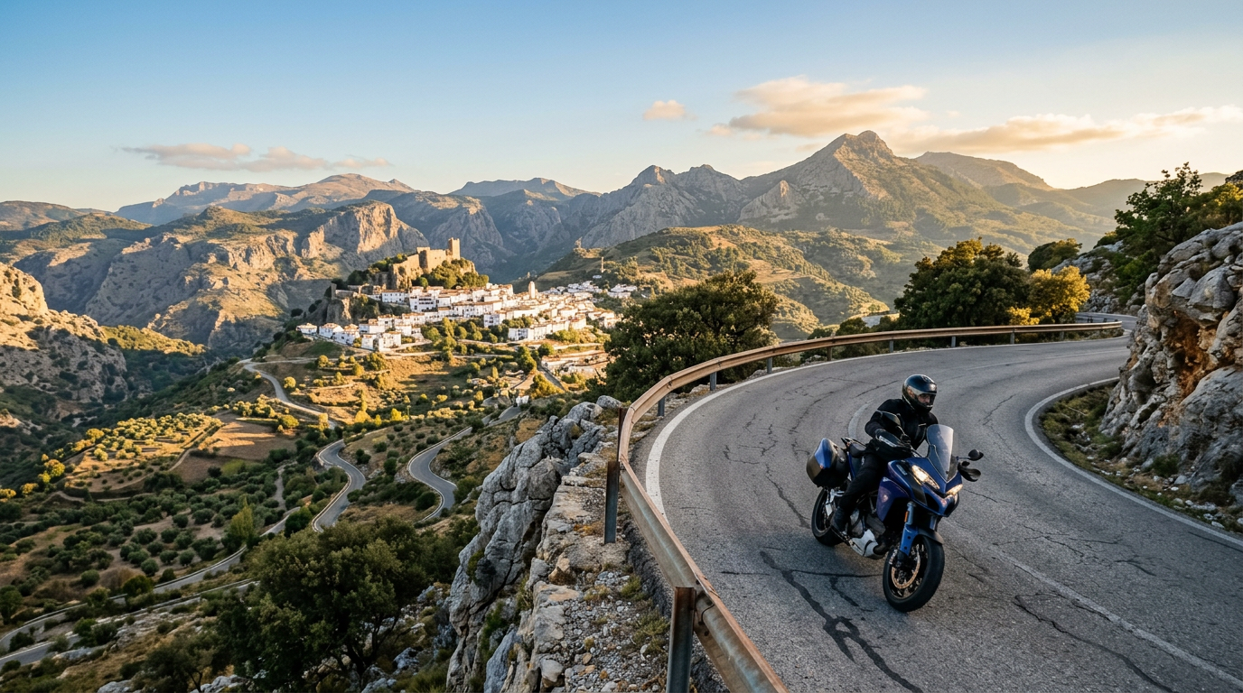 Moto en carretera de montaña con neumáticos en buen estado
