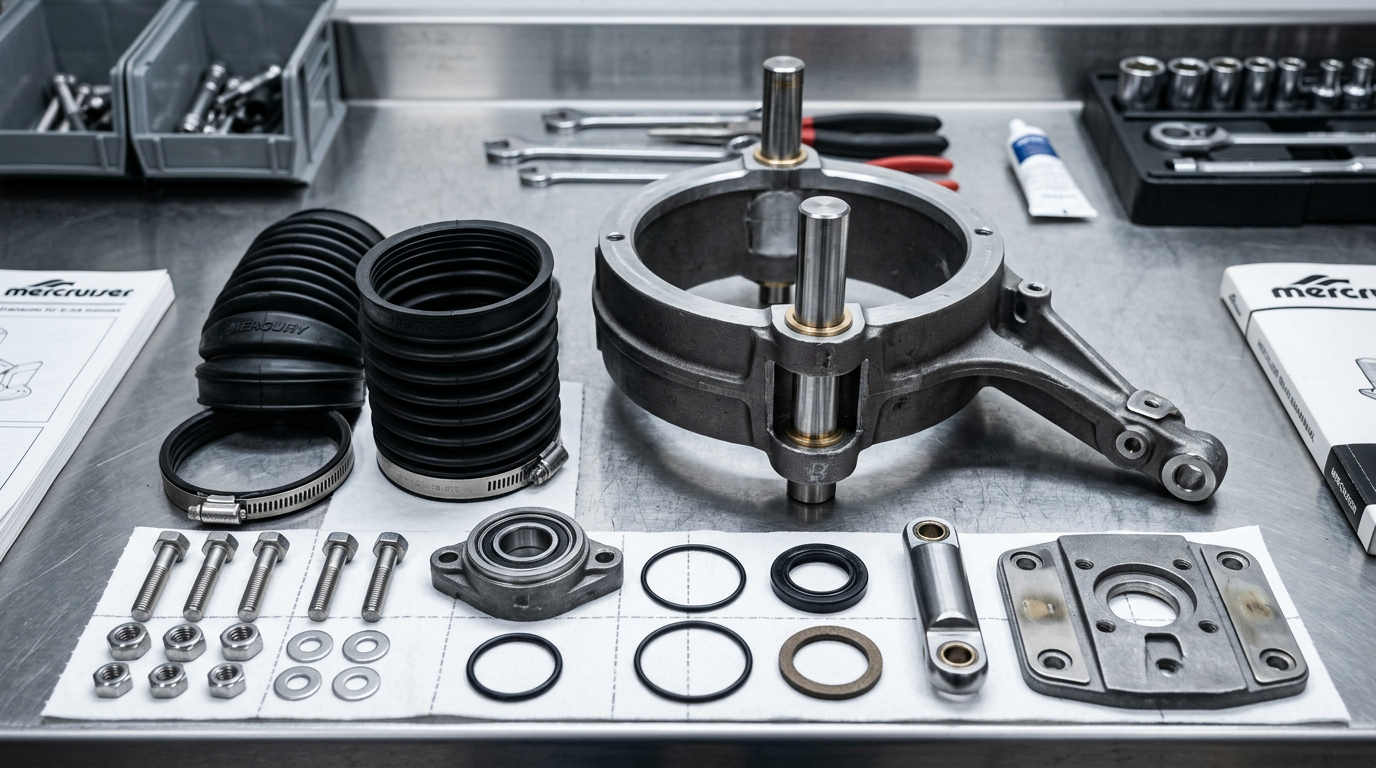 Disassembled Bravo transom assembly plate with bellows, gimbal ring, and mounting hardware laid out on a marine workshop bench