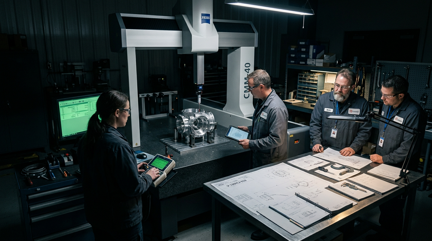 Engineers reviewing a first-article part on a coordinate measuring machine with launch documentation