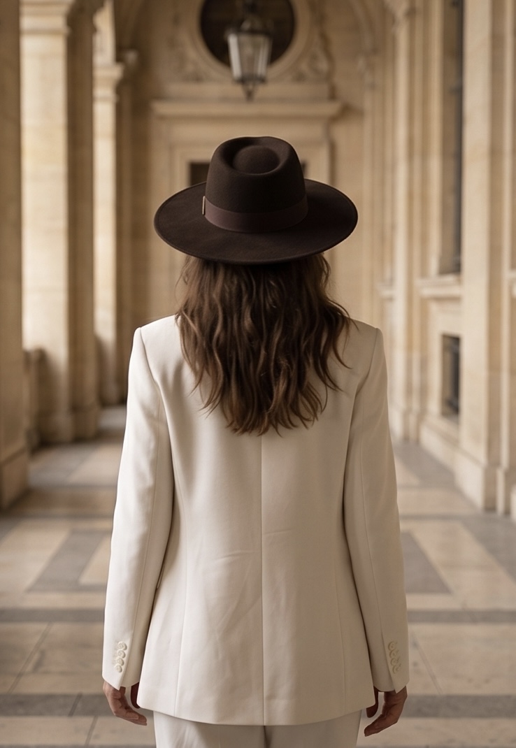 Femme de dos, blazer crème et fedora brun, colonnade parisienne — DIGNITA Academy, prolongement naturel de la Maison