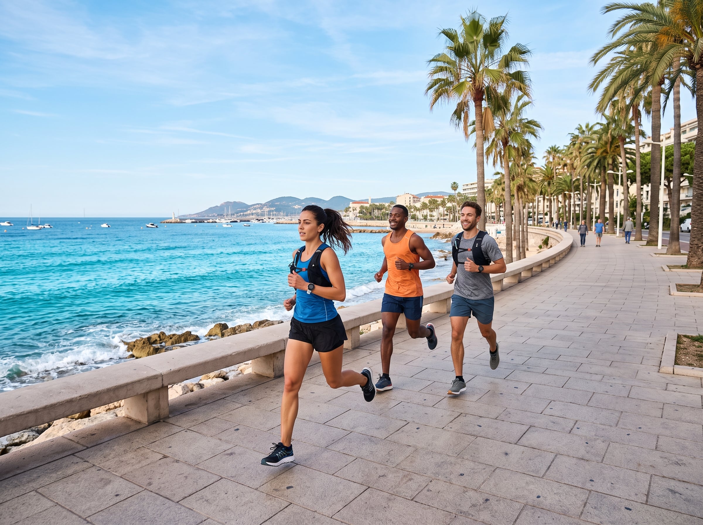 Palmiyelerle çevrili deniz kenarı promenadında koşan sporcular