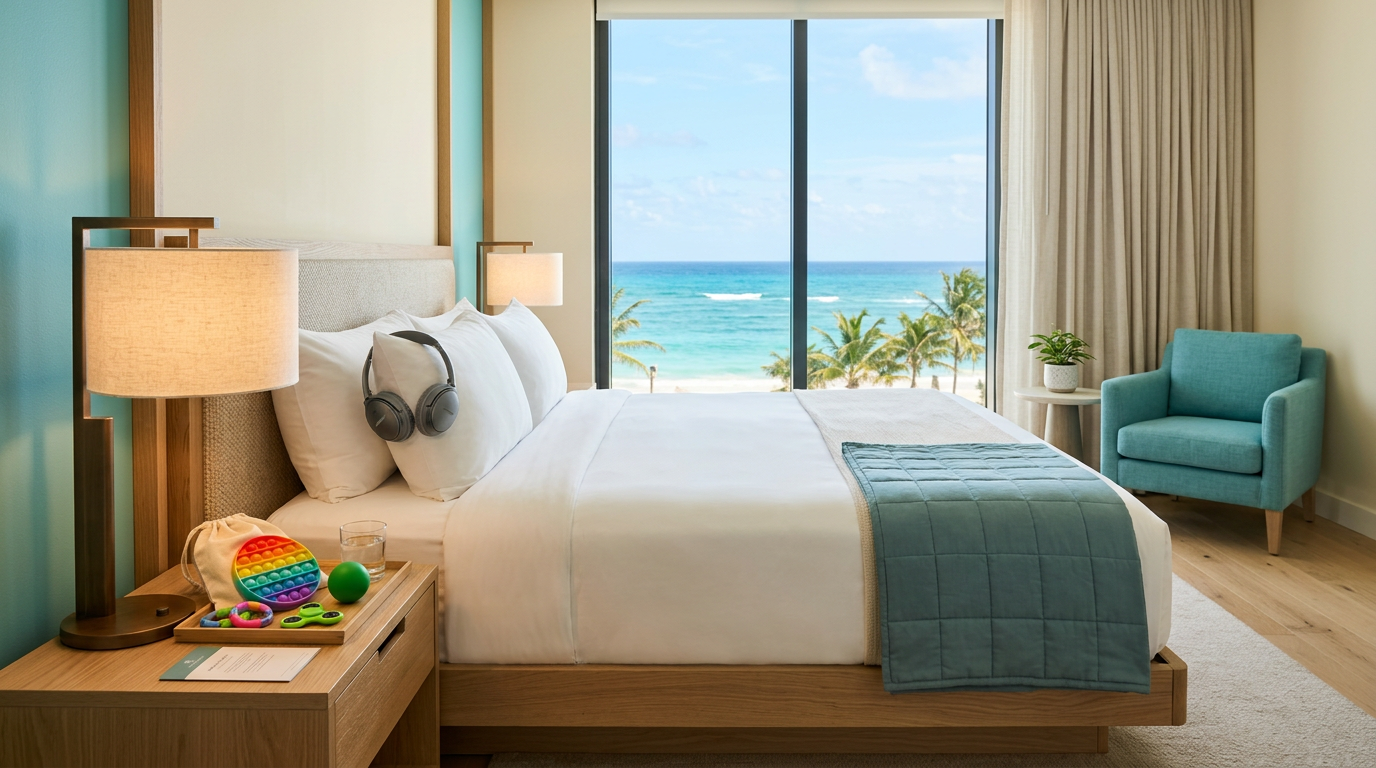 Habitación de hotel preparada con kit sensorial para familias neurodivergentes — audífonos, manta de peso y juguetes fidget