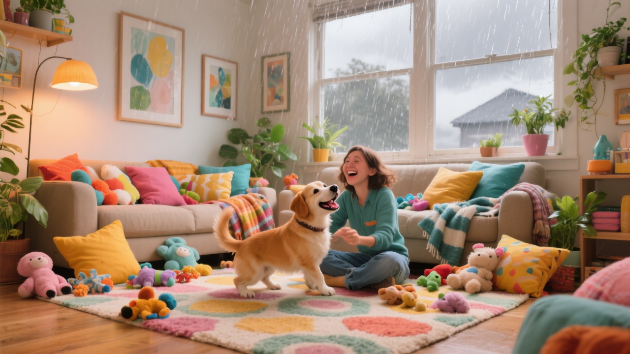 Dog and human playing together in a colorful living room with toys and blankets while it rains outside. Warm, cheerful, and cozy atmosphere. Perfect for indoor dog bonding ideas on a rainy day.