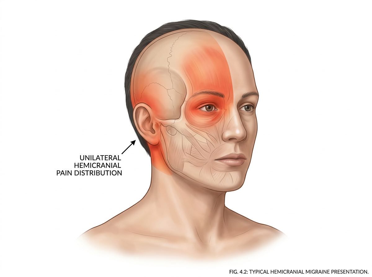 Anatomical figure showing one-sided hemicranial migraine pain distribution across half of the head