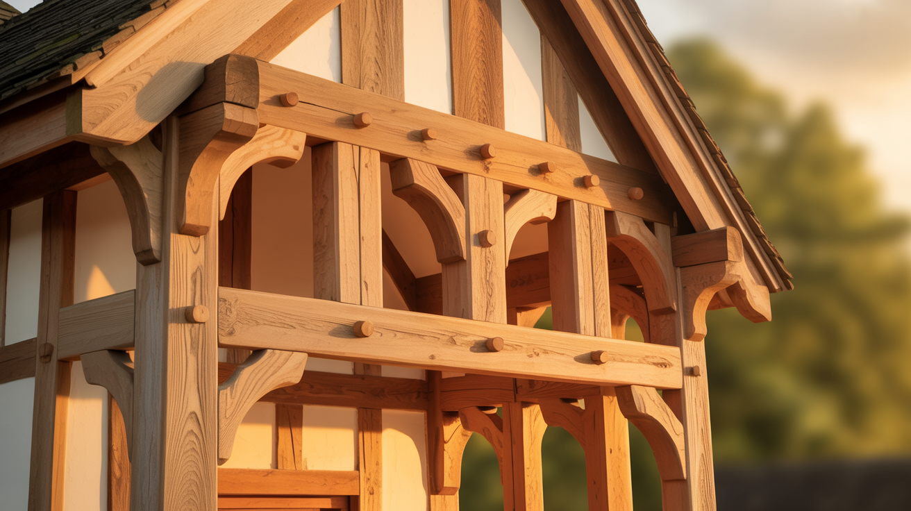 Traditional oak timber frame structure showcasing pegged mortise and tenon joints