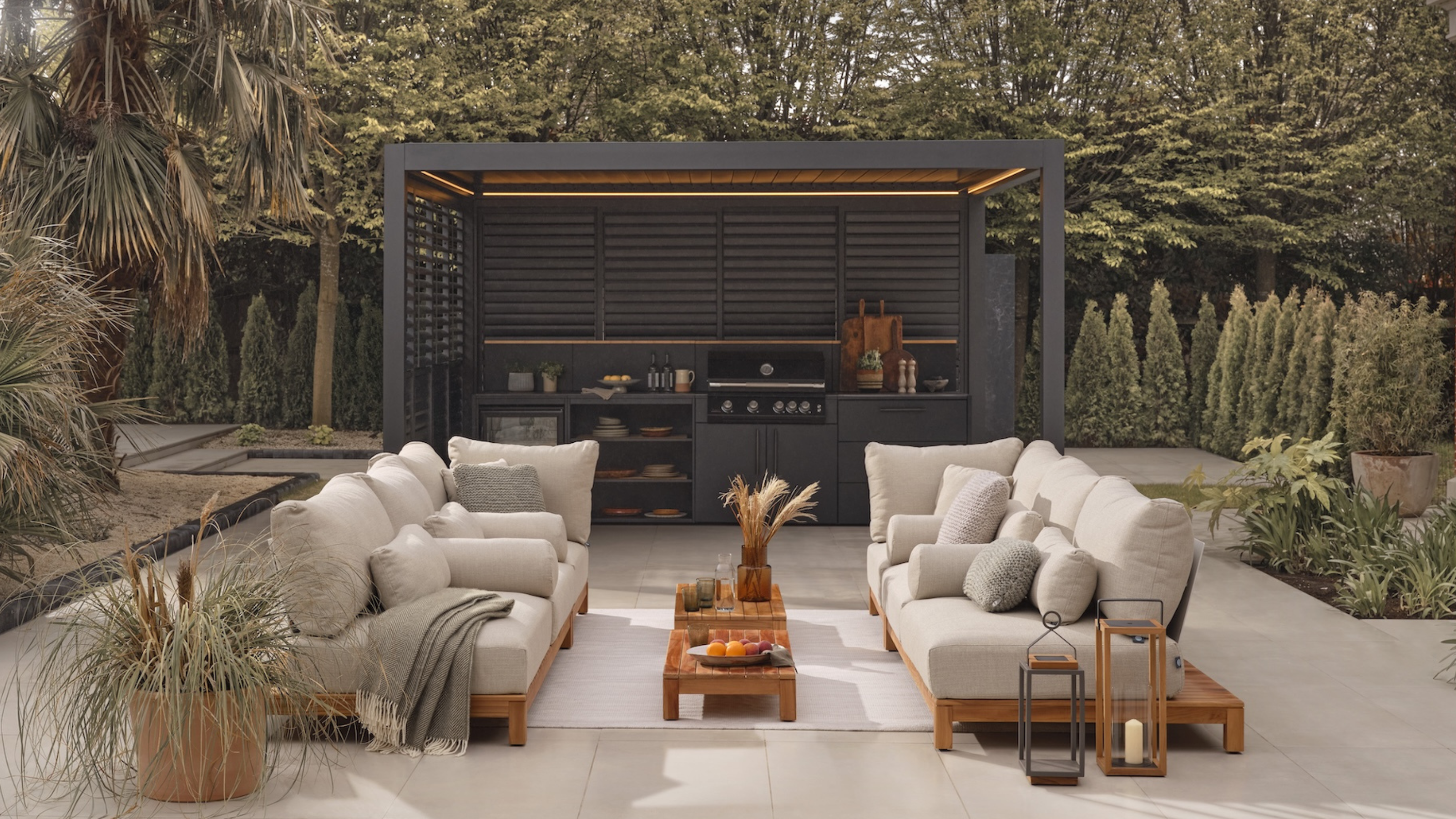 Garden lounge area on elegant paving