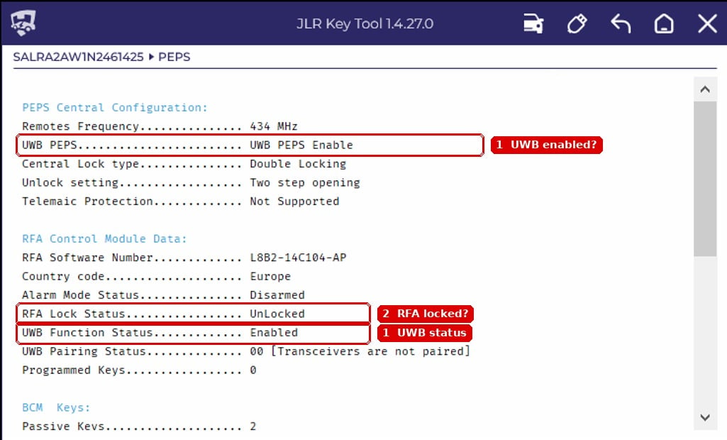 JLR Key Tool SW20 PEPS page showing RFA Lock Status UnLocked highlighted in red